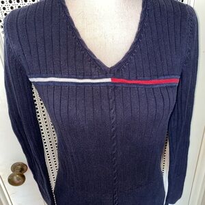 Tommy Hilfiger Blue and White V-Neck Sweater